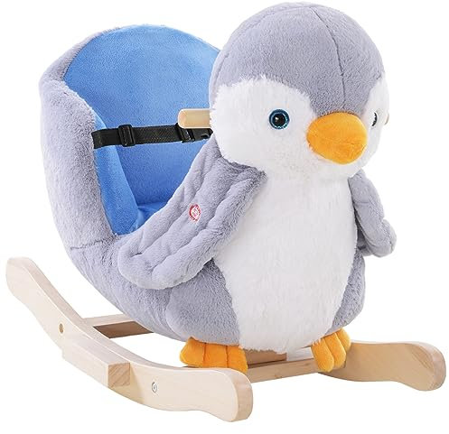 HOMCOM Caballito Balancín para Bebés de +18 Meses Forma de Pingüino Caballito Balancín de Madera con Asas Cinturón de Seguridad y Músicas Carga 40 kg 60x33x50 cm Gris