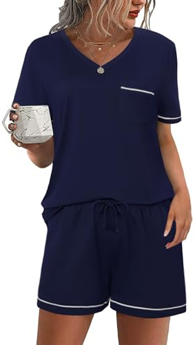 Litherday Pyjama Femme Ensemble de Pyjama Été Vêtement de Nuit Coton Col en V à Manches Courtes d'Intérieur 2 Pièces avec Poches