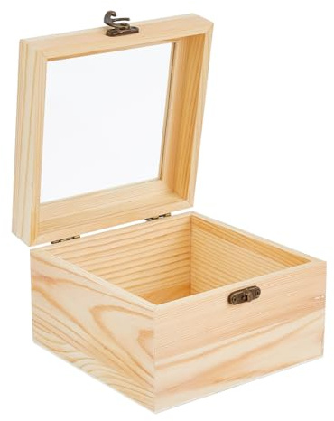 DICOSMETIC Scatola in legno con coperchio in vetro, scatola regalo in legno grezzo, 5,9 x 5,9 x 3,94 pollici (15 x 15 x 10 cm), scatole portaoggetti quadrate in legno con lucchetto, portagioielli
