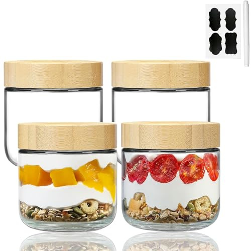 VITEVER 4-pack 10oz Overnight Oats Containers with Bamboo Lids, Glass jars with Airtight Lids, Wide mouth Mason Salad jars, Glass Food Storage Containers for Snacks Yogurt Spice Sugar