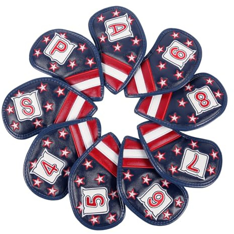 Leather Golf Club Iron Head Covers 9 Piece Set Headcover Protector Stars and Stripes