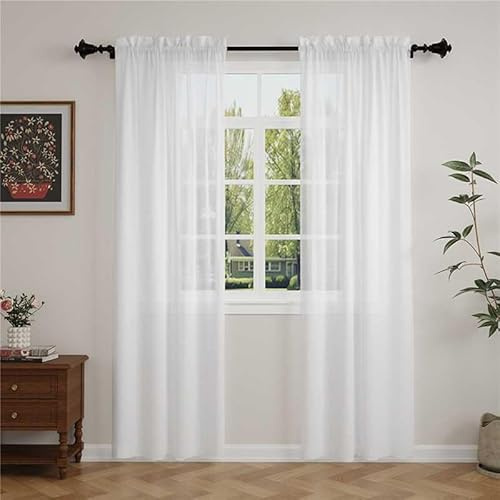 GFCC Voile Curtains, 90 Drop 2 Panels White Net Curtains for Windows Rod Pocket Sheer Curtain Semi Transparent Eyelet Sheer Curtain Panel for Bedroom Kitcken Living Room W60xL90 Inch (152 x 228cm)