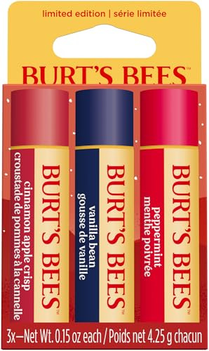 Burt’s Bees Lip Balm Gift Set, Cinnamon Apple Crisp, Vanilla Bean, Peppermint, Lip Balm Multipack, 100% Natural Origin, 3x4.25g