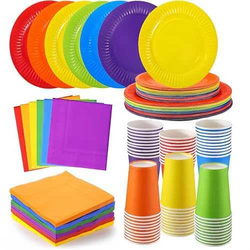 90 Pack Colourful Party Tableware Set - 30 x 7 Paper Plates, 30 Paper Cups, 30 Napkins, Multicoloured Rainbow Party Plates Cups and Napkins for Birthday Holiday Events
