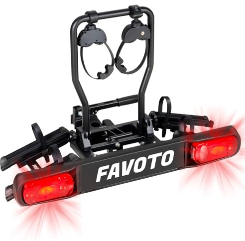 Favoto Portabici per 2 biciclette, gancio di traino pieghevole, in alluminio, per 2 biciclette fino a 50 kg, con fanale posteriore antifurto e supporto targa max 29 x 2,25