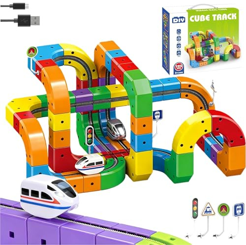 Train Electrique Enfant, Klickrail Electric Train Set Flexible Race Track for Kids, Jouet de Train à Rails de Construction, Système D'assemblage 3D (Kit de 123Pièces + 2Locomotive Rails)