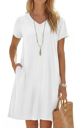 Enmain Vestido Lino Verano Mujer Manga Corta Cuello V Vestidos Mujer Casual Midi Playa con Bolsillos hasta la Rodilla sin Accesorios