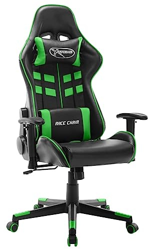 Owoxanthellate Sedia da gaming nera verde regolabile in altezza ecopelle 67 x 61 x 123 – 133 cm, seduta ergonomica da corsa con cuscino cervicale e lombare per ufficio, studio ed e-sport Setup