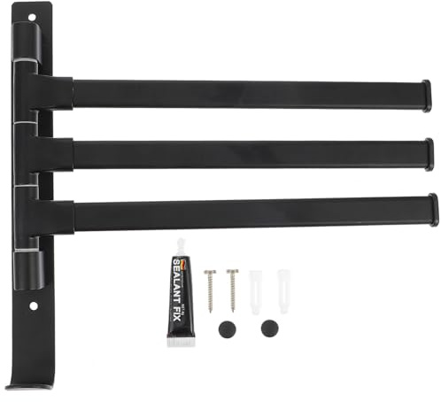 Ipetboom Rotatable Towel Rack with 3 Bars Wall-Mounted Black Bathroom Storage Holder Swivel Towel Rod Space-Saving Bathroom Accessory
