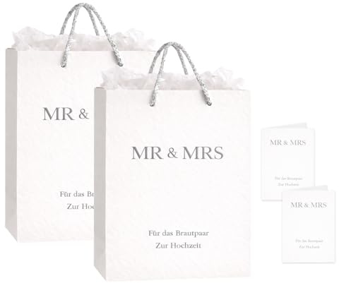 JOVYTH Hochzeit Geschenktüte 2 Stück mit Seidenpapier und Karte, MR & MRS Geschenktasche Zur Hochzeit Für das Brautpaar Geschenkverpackung
