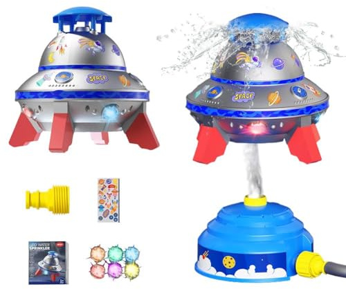Water Sprinkler Toy For Kids,360° Rotating UFO Design Outdoor Sprinkler with LED Hose Lights Stickers,Garden Attachmen & spray ufo children summer 360 children birthday fun universal hose att