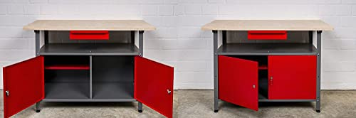 Kreher XL Set 2 Werkbänke aus Metall mit abschließbaren Türen, Schublade und 3 cm Arbeitsplatte, 120 x 60 x 85 H cm. Solide Arbeitstische zur Werkstatteinrichtung.