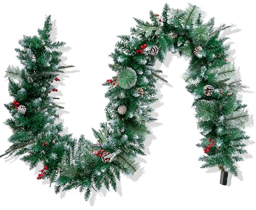 JOYIN Weihnachtsgirlande, beflockt, inklusive 50 Lichter, Tannenzapfen, rote Beeren, für Winter und Weihnachten, Feiertagsdekoration, 2,7 m