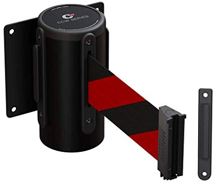 Crowd Control Warehouse - CCW Series WMB-125 Fixed Wall Mount Retractable Belt Barrier - 11 Foot, Black & Red Diagonal Stripes Belt with Black Steel Case