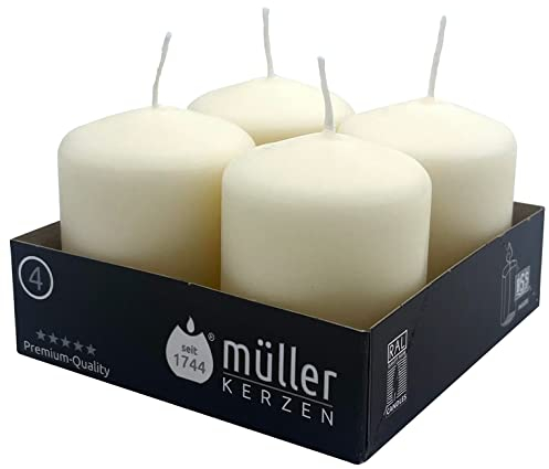 Müller Stumpenkerzen - Set mit 4 Säulenkerzen - Farbe Elfenbein - 48 x 62 mm - Lange Brenndauer: 10 Stunden - Tropffrei Wachskerzen, Ohne Duft - RAL Qualität