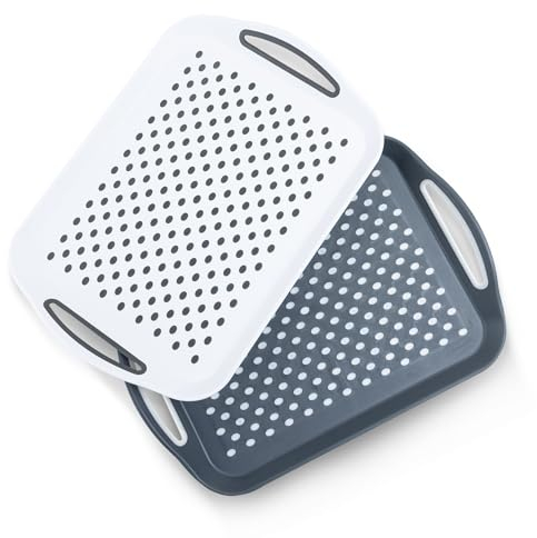 Essen 2-Pack Serving Tray Set – Non-Slip Lap Boards with Grip Handles, Ideal for Food Prep, Tea, Breakfast in Bed – Plastic Tray for Stable Dining – Dishwasher Safe (Grey/White)
