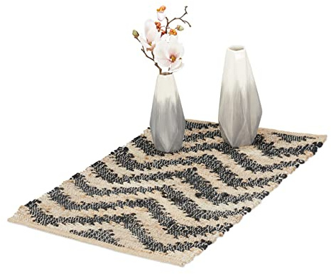 Relaxdays Tapis de Couloir, Coton et Jute, 50 x 80 cm, antidérapant, tissé Main, carpette Cuisine, Zigzag, Beige-Noir