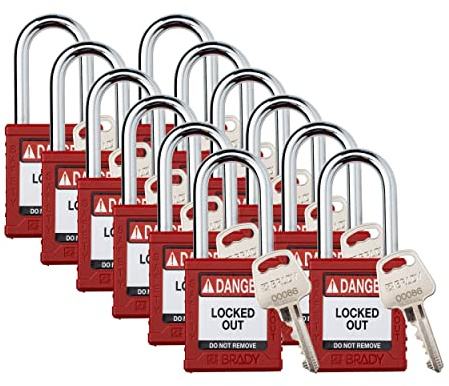 Brady SDPL-RED-38ST-KD12 - Set di lucchetti di sicurezza con chiave, 1 chiave per serratura, confezione da 12, colore: rosso