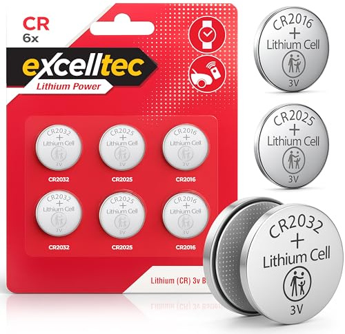 Excelltec Lot de 6 piles bouton au lithium assorties CR2032, CR2025, CR2016, durables et fiables pour clés de voiture, balances, montres, télécommandes et petits appareils électroniques