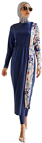 Einteiliger Muslimischer Badeanzug Damenmode Sexy Bikini-Set Muslimischer Badeanzug Volle Abdeckung für Damen, Dreiteiliger Oberteil + Hose + Hijab Navy Blau XL