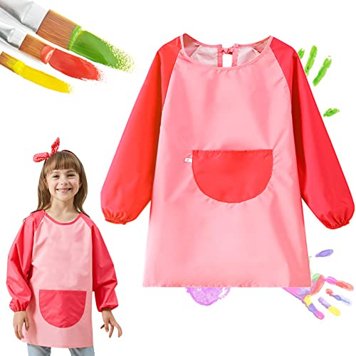 Malschürze mit Ärmeln, Wasserdicht, Malkittel Bastelschürze, Kochschürze für Kinder Jungen Mädchen - Set mit Taschen für Basteln, Malen, Backen, Kochen