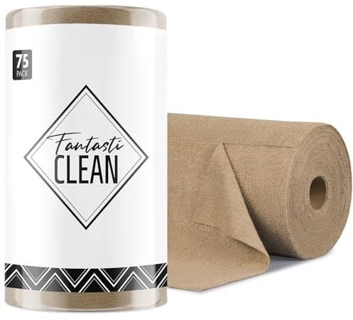 Fantasticlean Microfiber Cleaning Cloth Roll -75 Pack, Tear Away Microfiber Towels, 12 x 12, Reusable, Washable, Scratch Free, Ultra Absorbent for All-Around Cleaning Supplies (TAN)