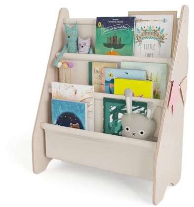 MAMOI® Libreria per bambini – scaffale con tasche in tessuto, organizer porta libri per cameretta, libreria autoportante per riporre libri, cassettiera in legno