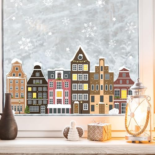 Wandtattoo Loft Fensterbilder Weihnachten Amsterdam Häuserreihe – Wiederverwendbar – A4 Bogen, 34 Sticker – Weihnachstdeko Fenster, Weihnachtsbilder Fenster, Fensterbild Winter Schneeflocken