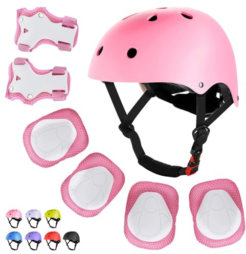 WayEee Kids Bike Helmet Set Skateboard Knee Pads, 7PCS Protective Gear Adjustable for Girls Boys 3-10 Age Elbow Pads Wrist Guards for Outdoor Sports Cycling Bike Roller Skating Scooter, Youth, Pink