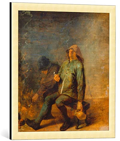 kunst für alle Bild mit Bilder-Rahmen: Adriaen Brouwer Der Geruch - Zwei rauchende Bauern am Kamin - dekorativer Kunstdruck, hochwertig gerahmt, 55x60 cm, Gold gebürstet