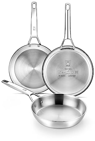 BRA Signature | Lot de 3 poêles en acier inoxydable 18/10 professionnel sans revêtement antiadhésif, triple fond diffuseur, tous feux dont induction, finition polie brillante, 20-24-26 cm