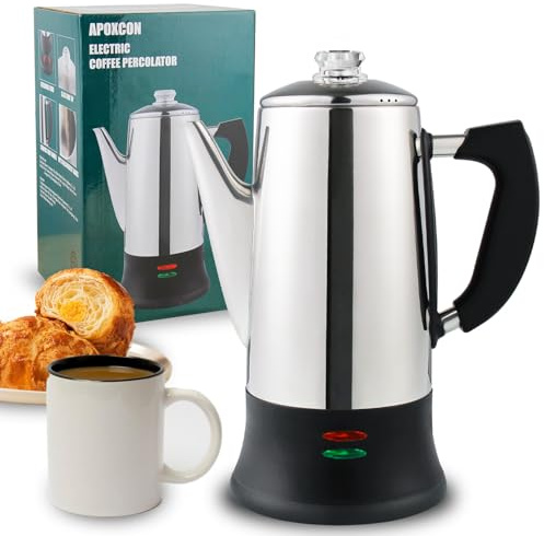 APOXCON Electric Coffee Percolator Stainless Steel Coffee Maker with Two Heat Resistant Tough Glass Clear Brew Progress Knob Classic Look Keep Warm & Cordless Serving Coffee Pot 12 Cup