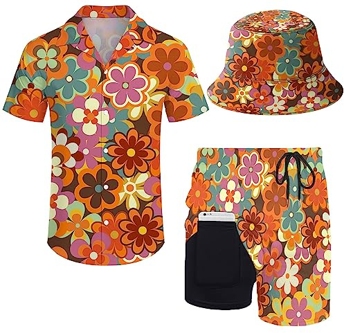 ZePinger Ensemble chemise et short pour homme avec chapeau Bob années 80 et 90, Motif floral hippie des années 70, L