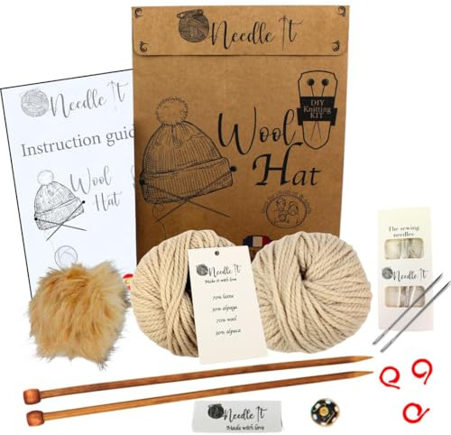 Needle It® Strickset Mütze komplett ecru - Wollmütze zum Selberstricken für Kinder und Erwachsene - Komplettset mit Nadel, Knäuel und Anleitung - Französische Wolle