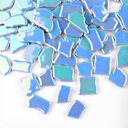 BTMIEY Unregelmäßige Keramik-Mosaikfliesen, 500 g, 2–4 cm, Mosaiksteine, Steine für DIY-Mosaikherstellung, Handwerk, Hobby, Kunst, Heimdekoration (schillerndes Himmelblau)