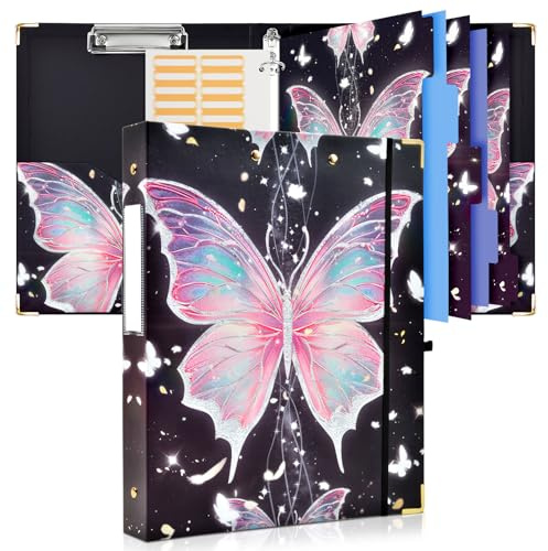Cenvialuxy Classeur A4 3 Anneaux, 2 en 1 Porte Document avec Bloc, Dossier Rangement Documents avec Fiche Bristol, Classeur Rigide Dos 40 mm pour Stocker, Classer (Papillon)