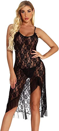 Robe Transparente Sexy Érotique Dentelle Mi-Longue Fluide Légère Asymétrique Dos Nu Volants Bretelles Nuisette Babydoll Lingerie Coquine Femme (Black, XXL)