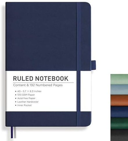 RETTACY Notizbuch A5 Liniert – 192 nummerierte Seiten, 100 g/m² Papier | Journal & Tagebuch, Softcover, kein Tintenfresser, Innentasche – für Berufstätige, Studenten, Meetings - Blau