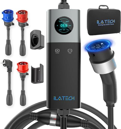 iLa Tech Mobile Wallbox 22kW, EV Ladegerät 32A mit Typ 2 Ladekabel 5M, LCD Display, IP66 Wasserdicht mit Kabelhalterung Aufbewahrungstasche und Adapter Schuko 16A/CEE 32A Rot/CEE 16A Rot/CEE 32A Blau