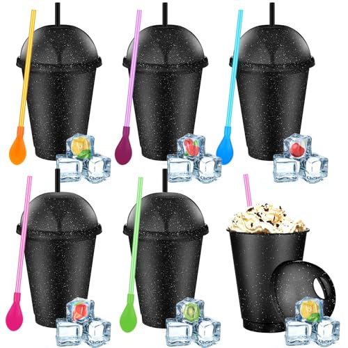 Ninehaoou 6 Set Slushie Cups with Dome Lids and Straws Detachable Spoon Straws Reusable Plastic Iced Coffee Cups Smoothie Tumbler for Birthdays Summer Party Supplies(Black,16 oz)