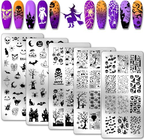 PH PandaHall 5pcs Halloween Nagel Stamping Platte, Geisterhexe Nagelschablonen Totenkopf Kürbis Nagelstempel Nail Art Stamping Platte Edelstahl Druck Nagelschablonen für Nail Art Design Maniküre Salon