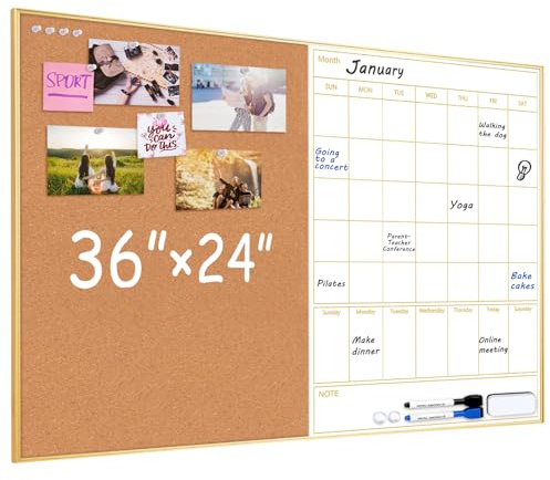 ARCOBIS Dry Erase Calendar with Cork Board, 36x24 Magnetic White Board Calendar Dry Erase for Wall, Gold Frame Combination Board for Office, Home, School