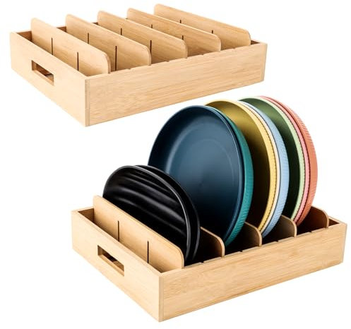 GBACHOOSE 2 Stück Topfdeckelhalter aus Bambus, Deckelhalter mit 5 Verstellbaren Trennwänden 2 Griffen, Topfdeckel Organizer für Küche, Zimmer und Bad
