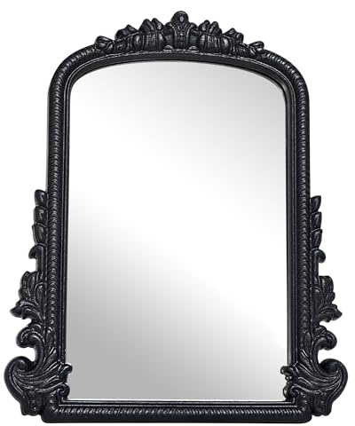 Vintage Vanity Makeup Mirror, Black Arched Tabletop Mirror for Makeup and Room Decor, Antique Decorative Standing Mirror with Carved Frame, Desk Mirror for Bedroom, Living Room, Dresser 11.8x9.6
