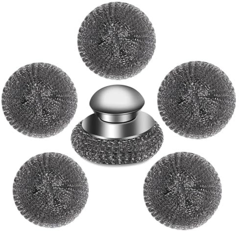 Fangxuee 6Pcs Steel Wool Scrubber Set with Handle, Stainless Steel for Kitchen, Grill, Stoves - Includes 1 Scrubber and 5 Pads