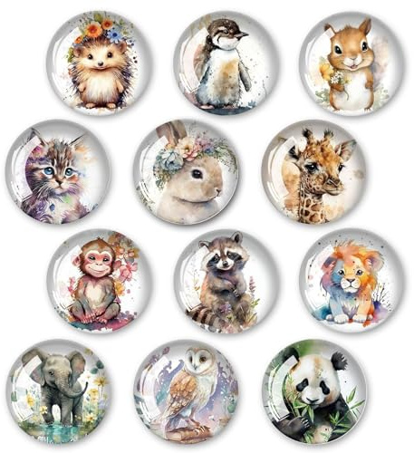 Kujinova Kühlschrankmagnete Tiere 12 STK Set, Magnete Kühlschrank, Magnete Kinder für Magnettafel, Magnete Lustig 30mm, 3D Bunt aus Glas Magnete für Refrigerators, Whiteboards, Kitchen, Büro