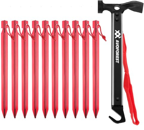 AVOFOREST Martillo de Camping con 10 Piezas de Piquetas para Tienda,Martillo de Camping al Aire Libre,Martillo Multifunción para Piquetas de Tienda con Bolsa (Y)