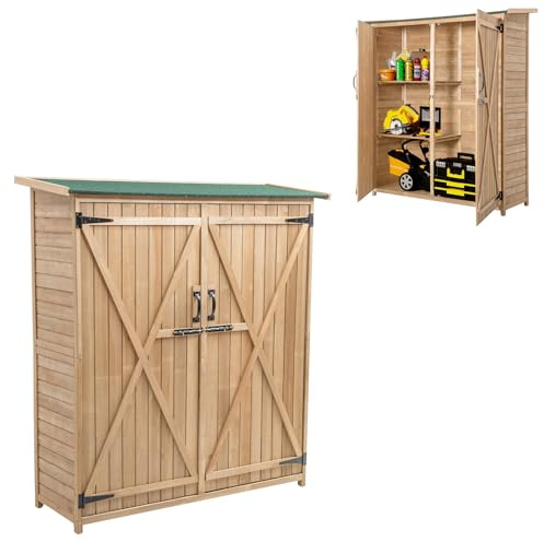HOMASIS Abri de Jardin en Bois de Sapin, Cabane Jardin Extérieur avec 2 Etagères et 1 Armoire, Armoire de Jardin avec Double Porte Verrouillable, Naturel (140x50x162 CM)