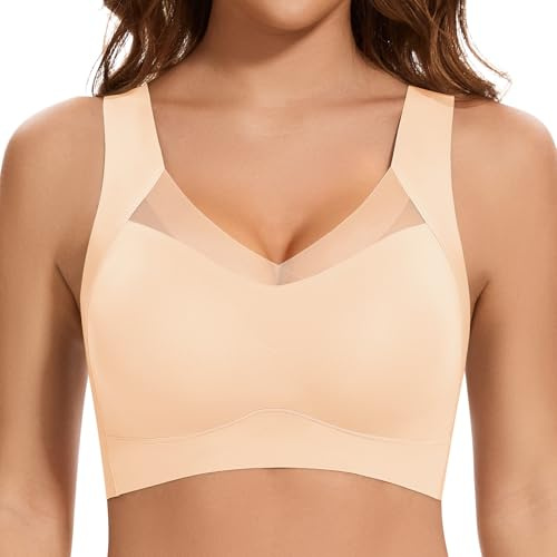 Cavotor Wireless Bras for Women Comfort Support Non Wired Sport Bra for Large Busts Seamless Padded Soft Mesh Bralettes (Pull On-Beige,3XL)
