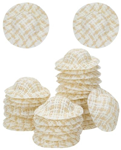 FINGERINSPIRE 30 Pcs Mini Imitation Straw Doll Knitting Hat 50mm in Diameter Flat Round Paper with Cloth Tiny Hats Moccasin Color Small Size Straw Knitting Hat for DIY Plush and Miniature Crafts
